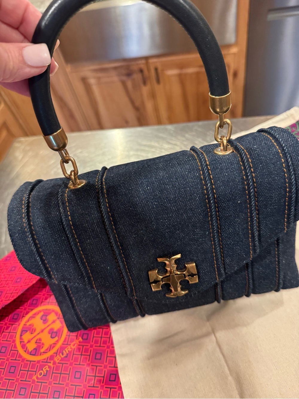 Tory Burch Dark Blue Denim Mini Top-Handle Bag with Gold Hardware